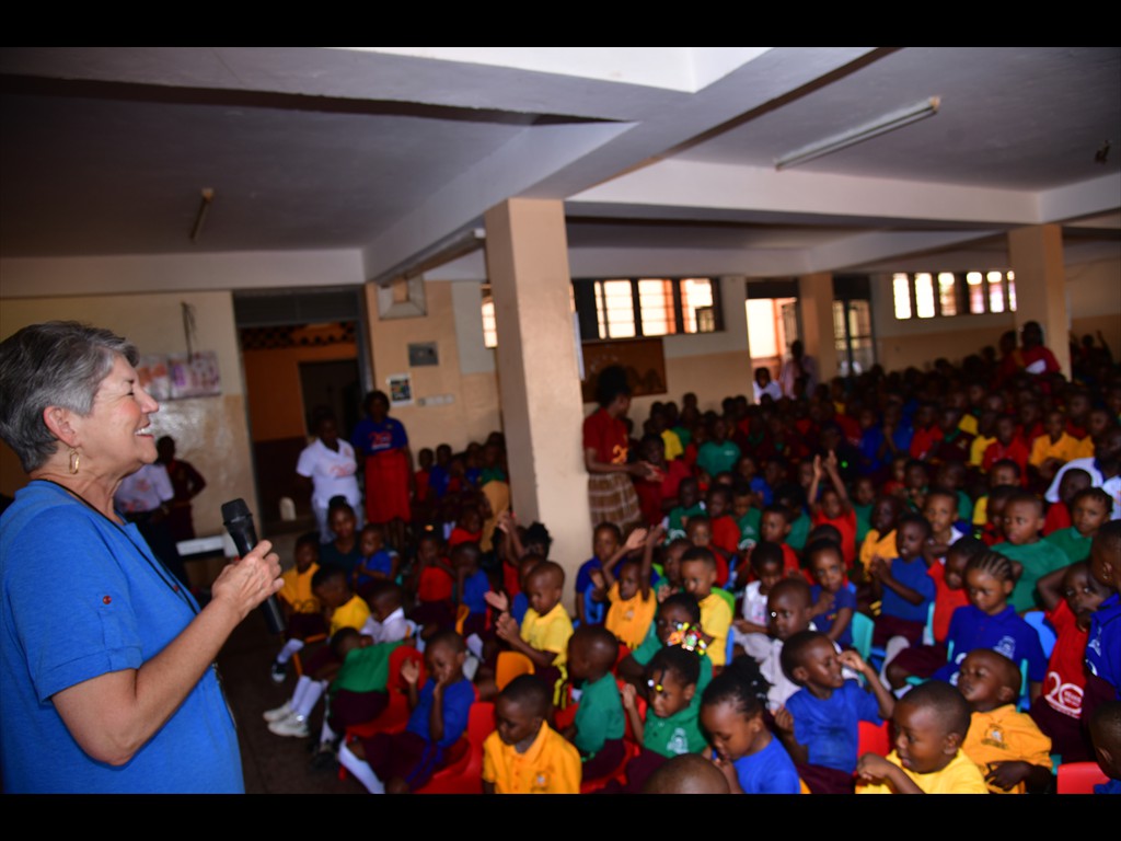 Mildred sharing the love of Jesus with children in a school in Uganda